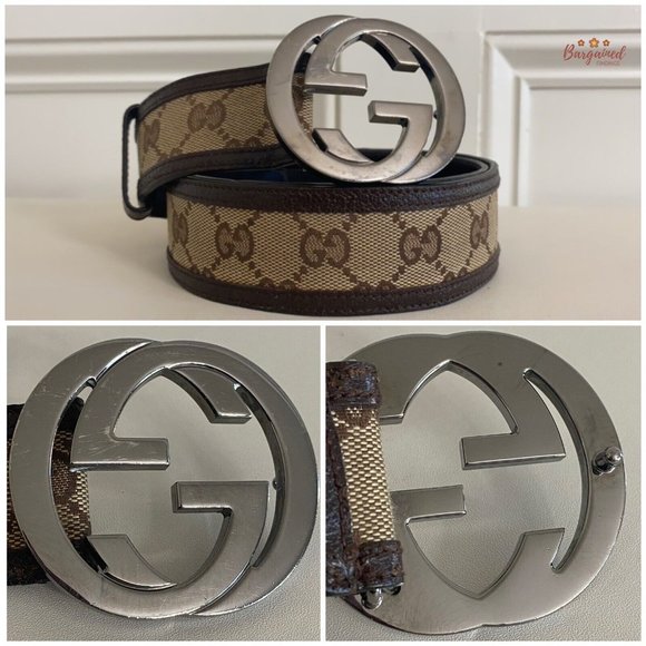 Authentic GUCCI Brown Monogram Canvas Silver Interlocking G Buckle Belt 90/36 - Picture 2 of 14